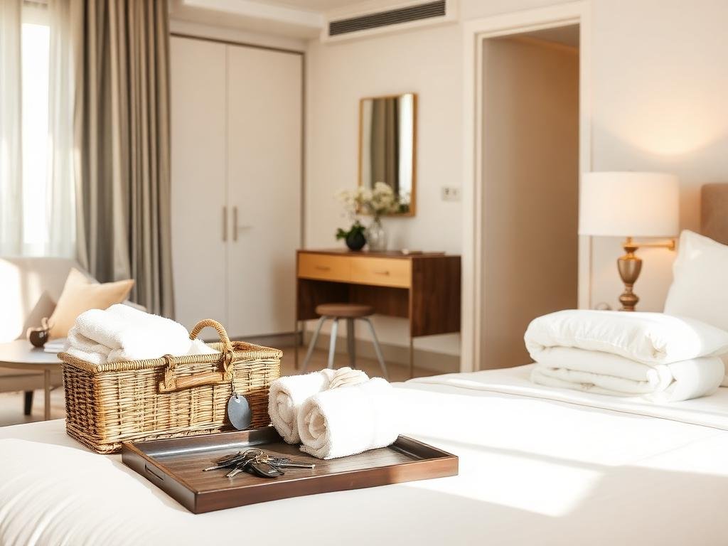 Linge frais, panier d'accueil et clés préparés par la conciergerie Zen Loc